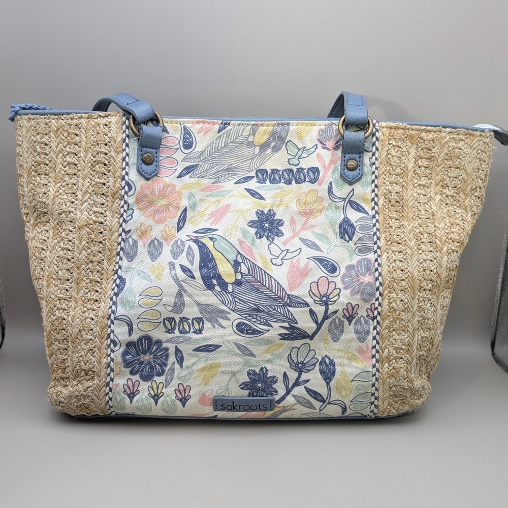 Sakroots Meadow Medium Tote Blue Floral Bird Canvas Straw Boho Handbag